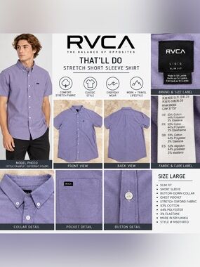 RVCA Men's Short Sleeve Button-Down Shirt in Lavender Purple